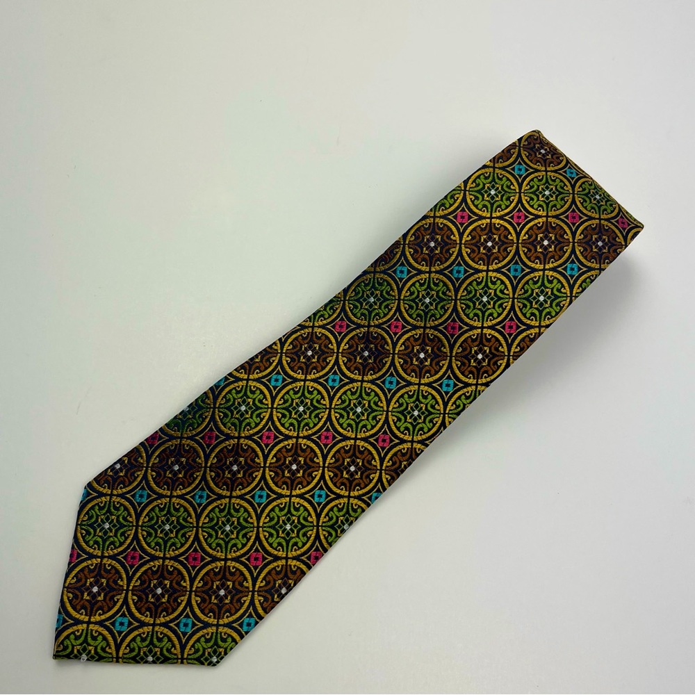 Fabio‎ Fazio 100% Silk Neck Tie Pink Green Blue Geometric Print Preppy Classic